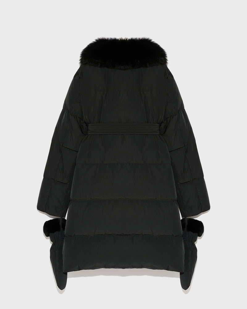 Long belted down jacket in technical fabric with removable fur collar - black - Yves Salomon