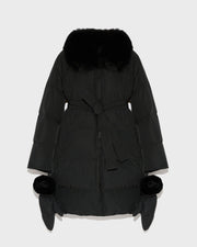 Long belted down jacket in technical fabric with fur collar