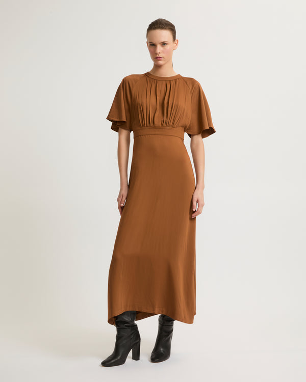 Long belted dress in matte satin fabric - brown - Yves Salomon