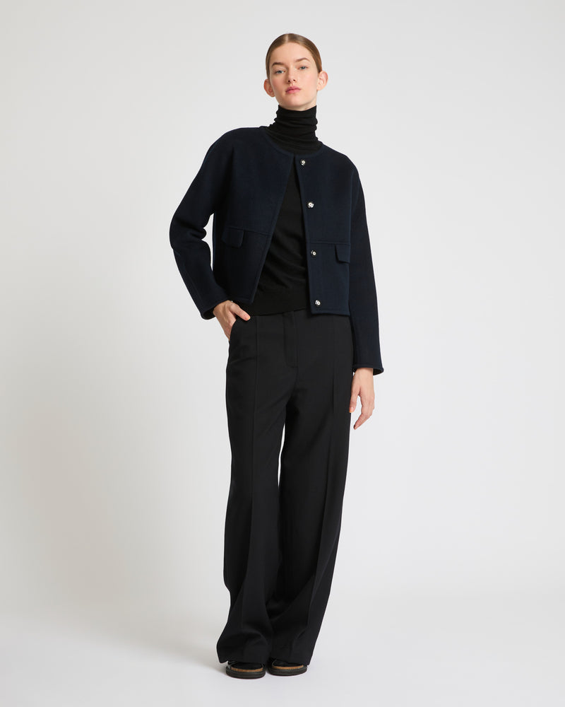 Double-sided cashmere blend round neck jacket - navy - Yves Salomon