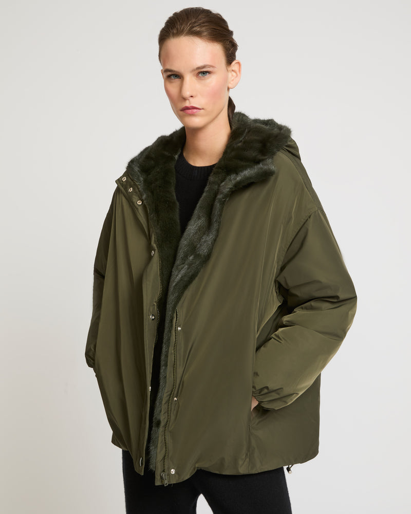 Hooded down jacket in technical fabric and mink fur - khaki - Yves Salomon