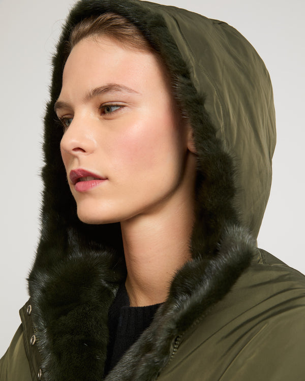 Hooded down jacket in technical fabric and mink fur - khaki - Yves Salomon