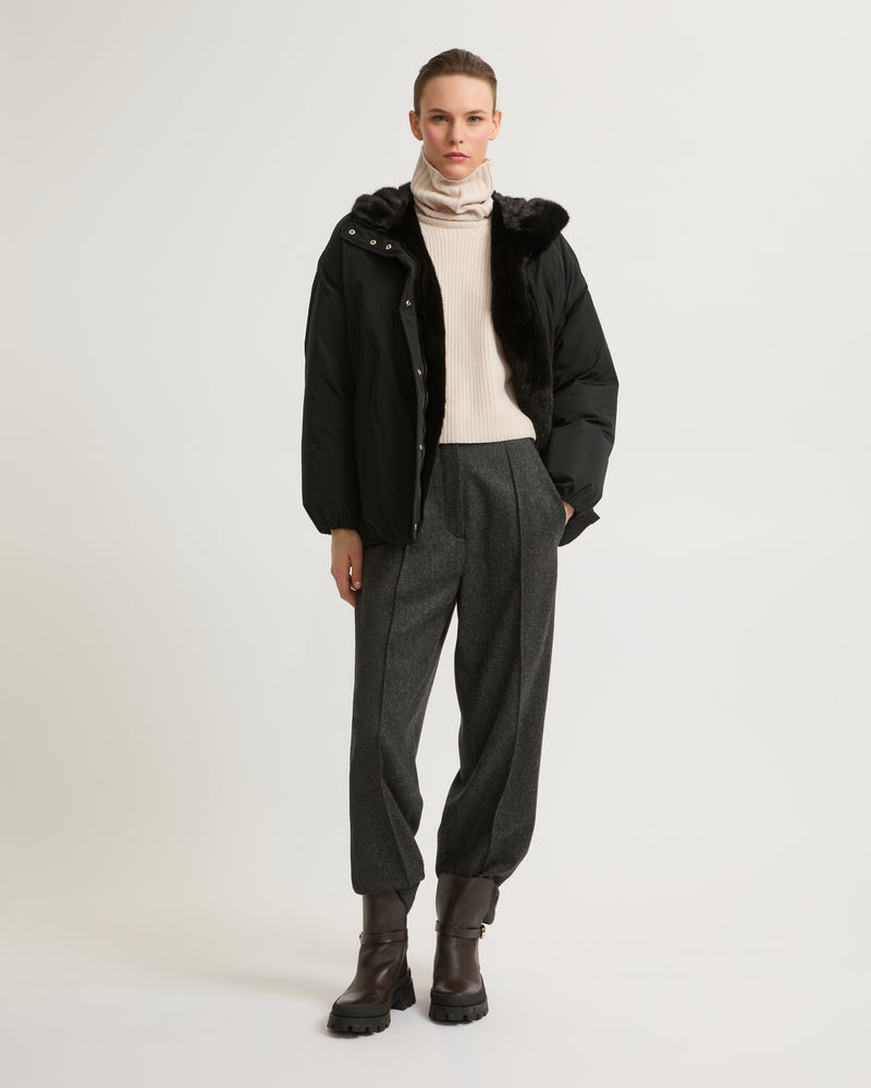 Hooded down jacket in technical fabric and mink fur - black - Yves Salomon