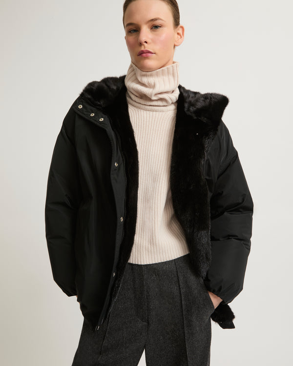 Hooded down jacket in technical fabric and mink fur - black - Yves Salomon