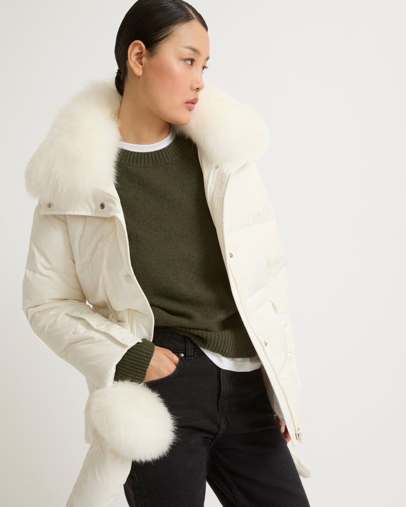 Belted technical fabric down jacket with detachable fox fur collar - white - Yves Salomon