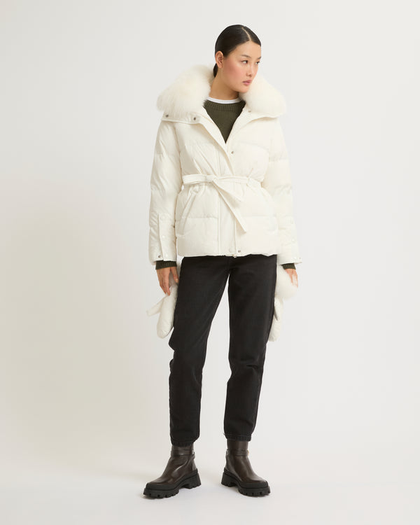 Belted technical fabric down jacket with detachable fox fur collar - white - Yves Salomon