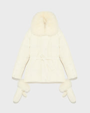 Belted technical fabric down jacket with detachable fox fur collar