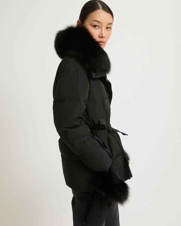 Belted technical fabric down jacket with detachable fox fur collar - black - Yves Salomon