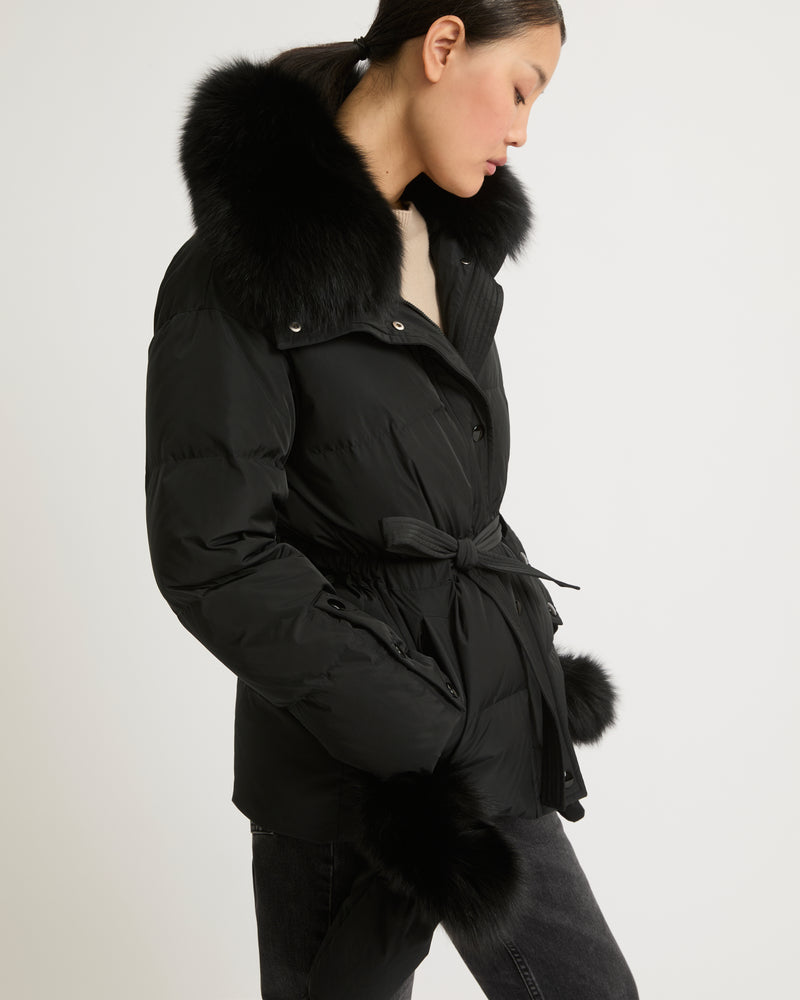 Belted technical fabric down jacket with detachable fox fur collar - black - Yves Salomon