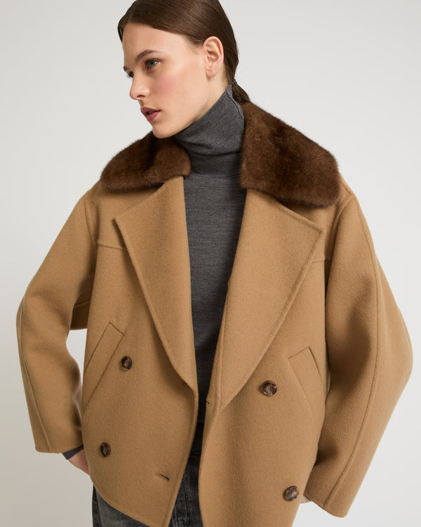 Cashmere blend pea jacket with removable mink collar - camel - Yves Salomon