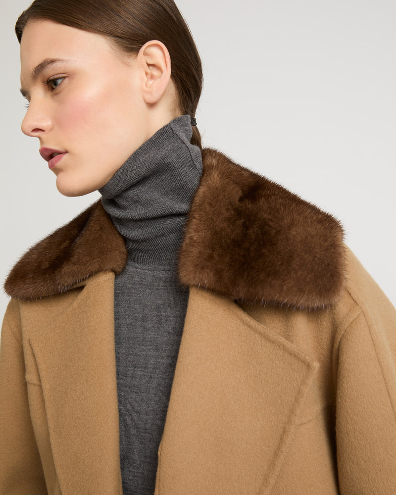 Cashmere blend pea jacket with removable mink collar - camel - Yves Salomon