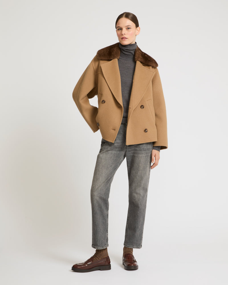 Cashmere blend pea jacket with removable mink collar - camel - Yves Salomon