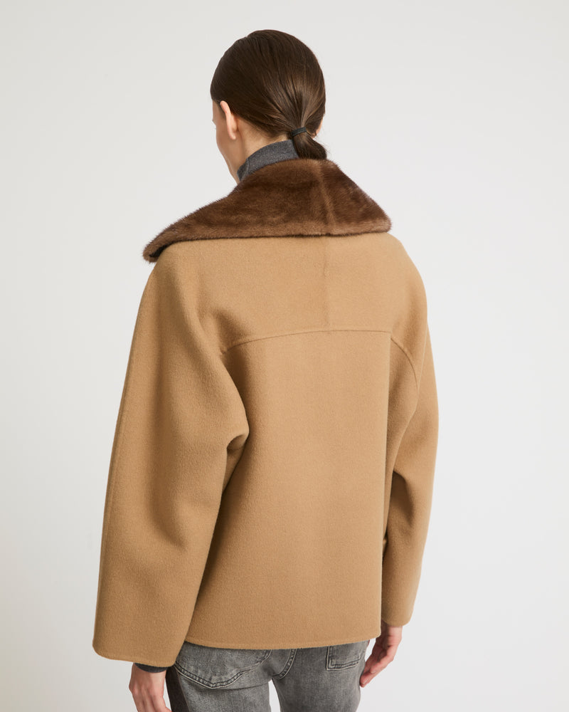 Cashmere blend pea jacket with removable mink collar - camel - Yves Salomon