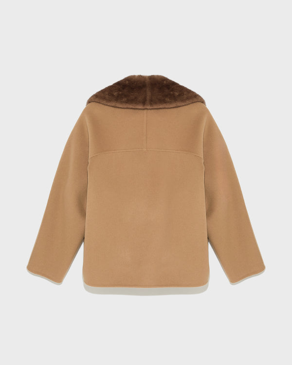 Cashmere blend pea jacket with removable mink collar - camel - Yves Salomon