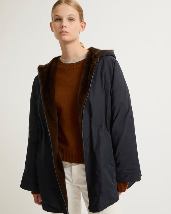 Cape jacket in technical fabric and long-haired mink fur - navy - Yves Salomon