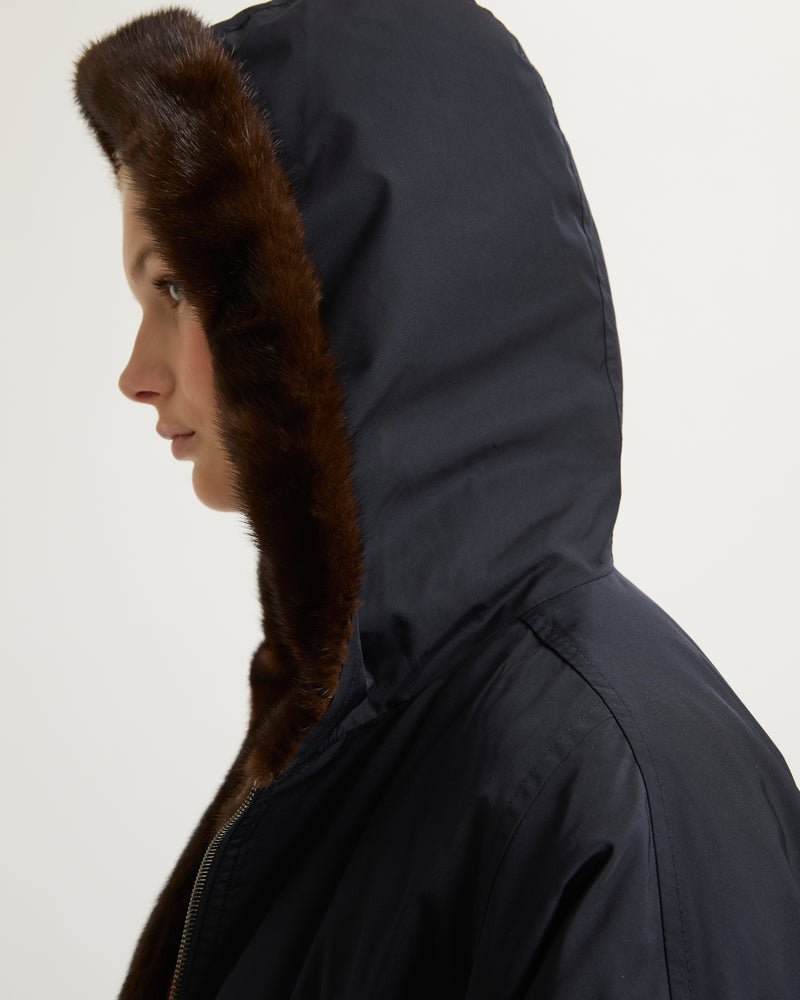 Cape jacket in technical fabric and long-haired mink fur - navy - Yves Salomon