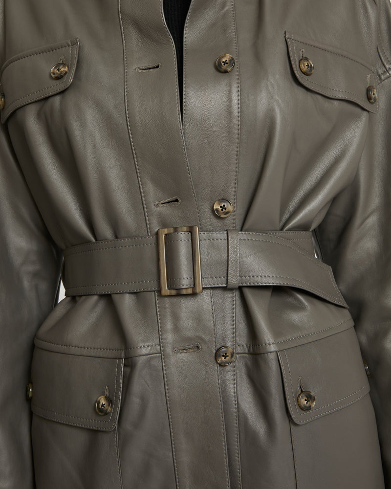 Belted safari jacket in lambskin leather - grey - Yves Salomon