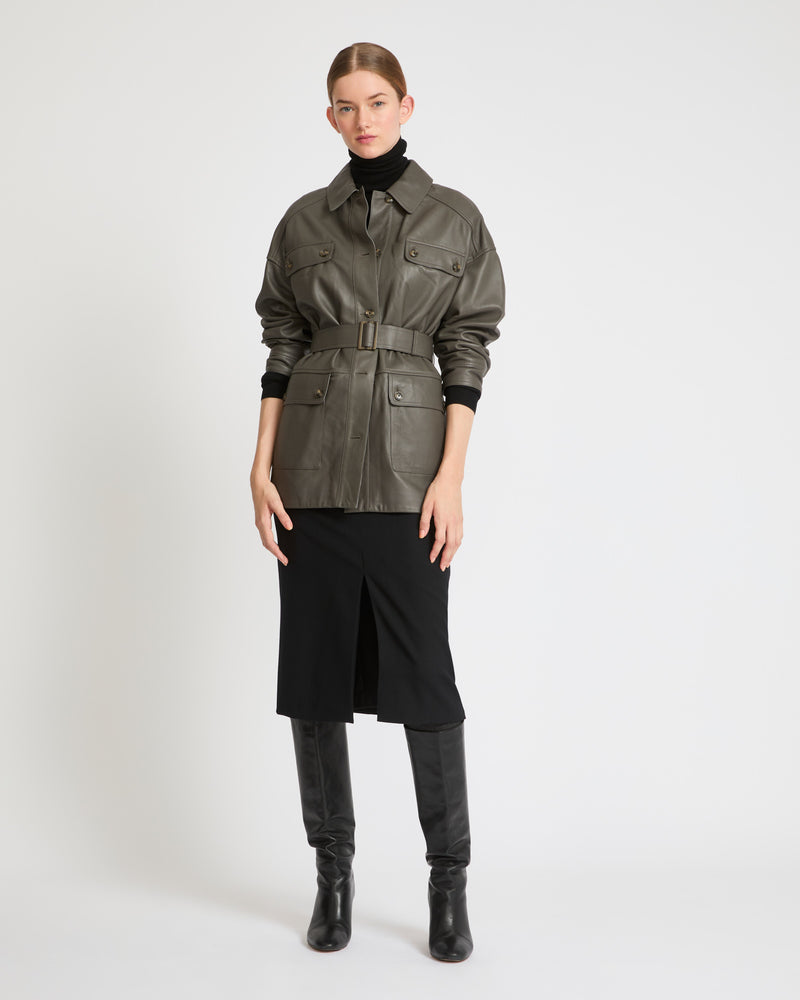 Belted safari jacket in lambskin leather - grey - Yves Salomon