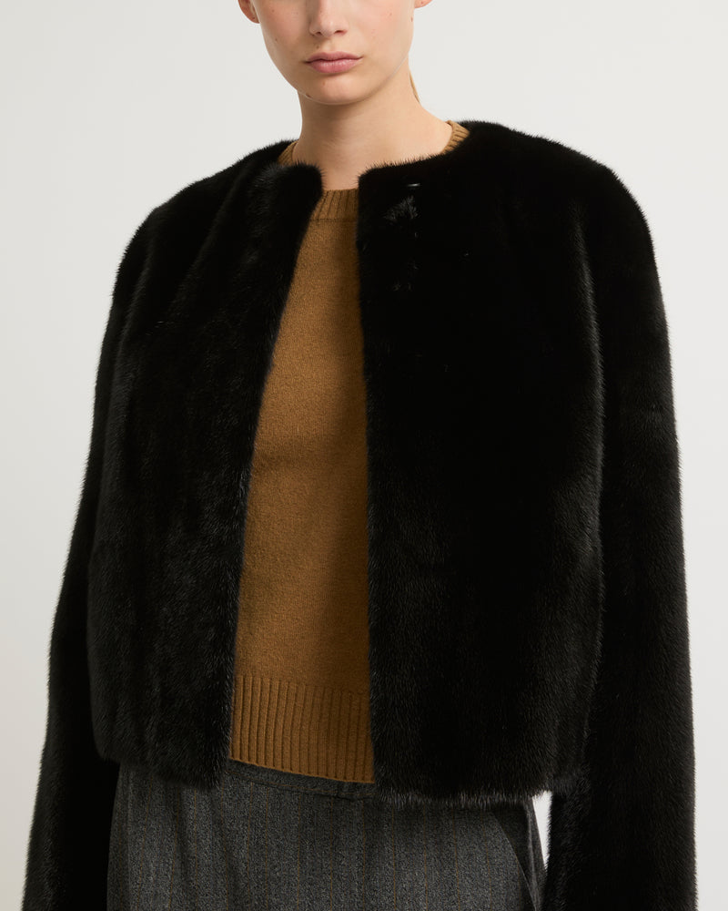 Long-haired mink fur round neck jacket