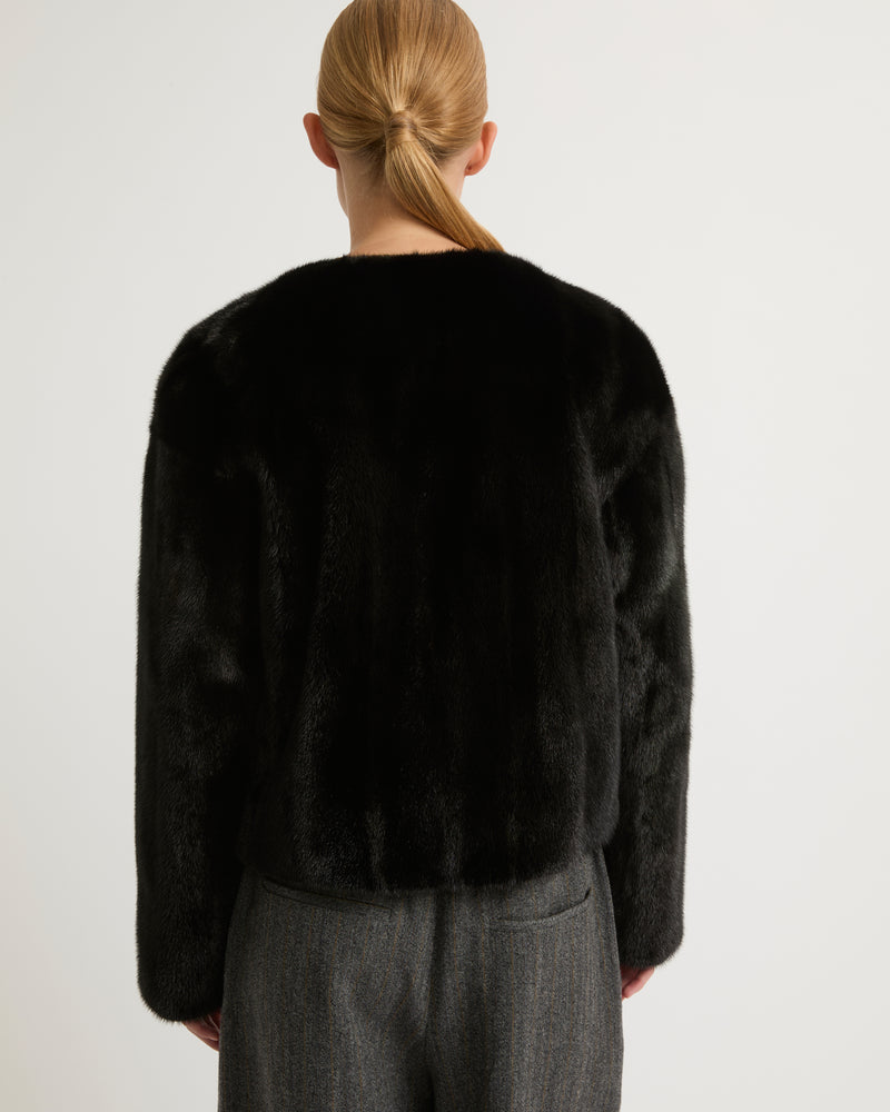 Long-haired mink fur round neck jacket - black - Yves Salomon