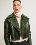 Cropped biker jacket in patent merino