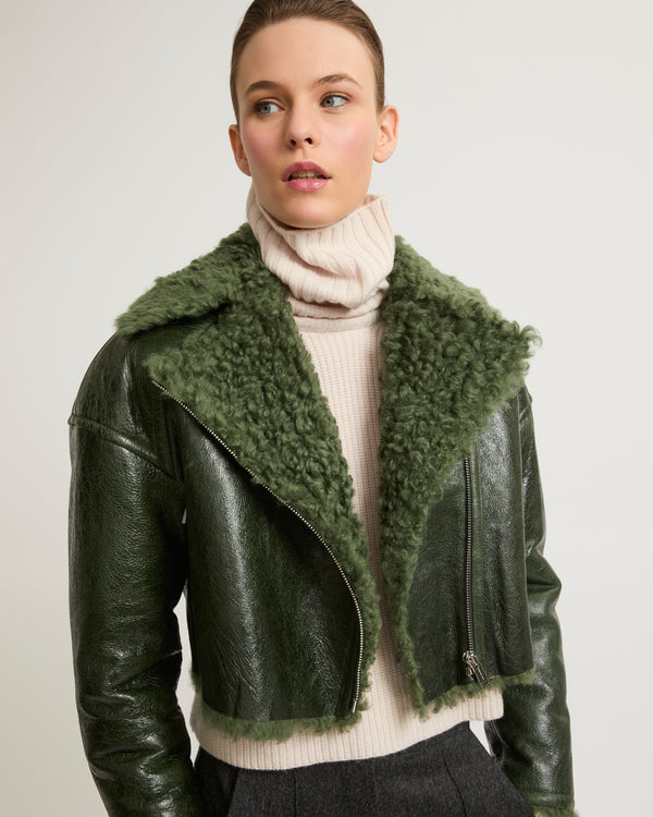 Cropped biker jacket in patent merino-Yves Salomon-Winter sale & boxing day