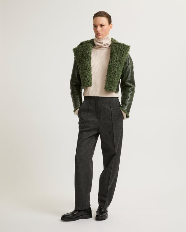 Cropped biker jacket in patent merino - green - Yves Salomon