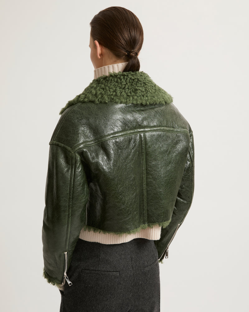 Cropped biker jacket in patent merino - green - Yves Salomon