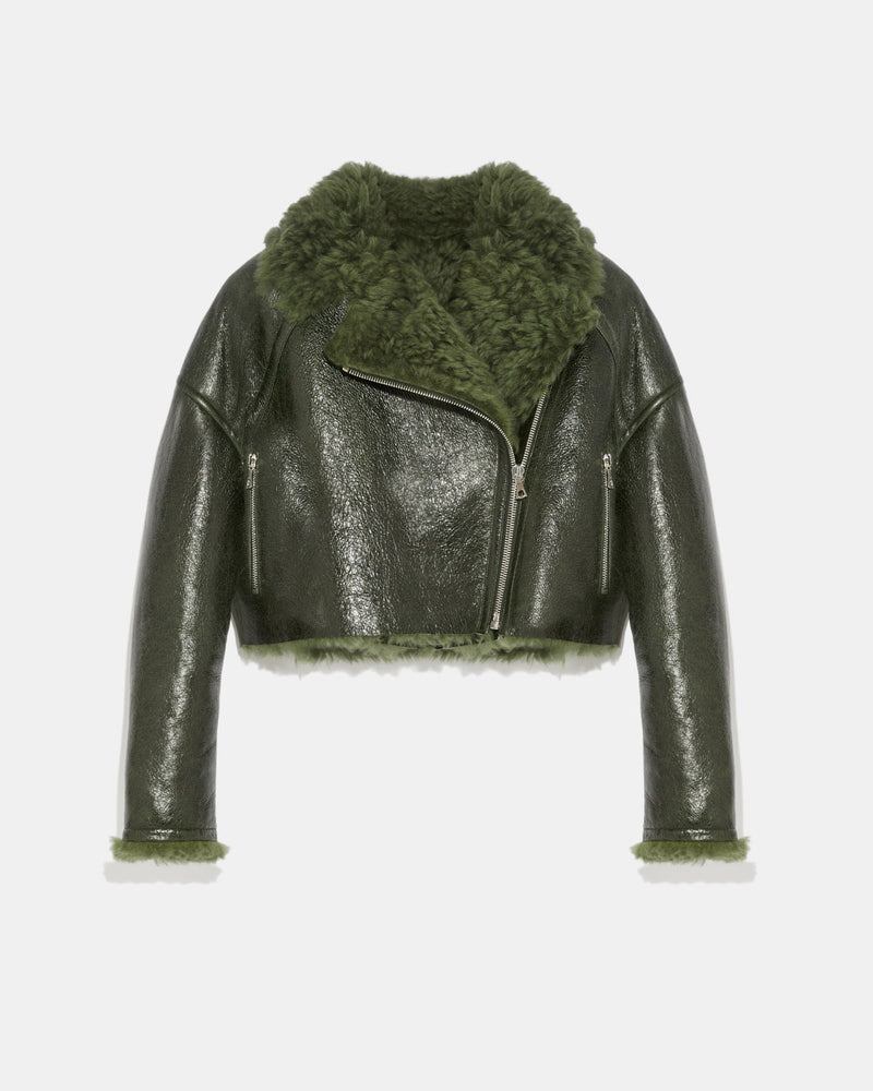 Cropped biker jacket in patent merino - green - Yves Salomon