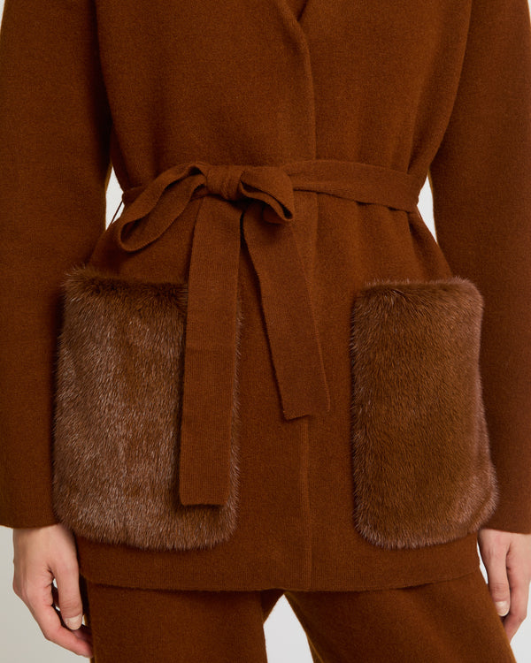 Belted knit and mink jacket - brown - Yves Salomon