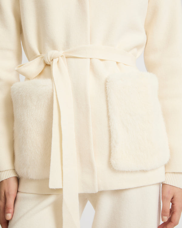 Belted knit and mink jacket - white - Yves Salomon