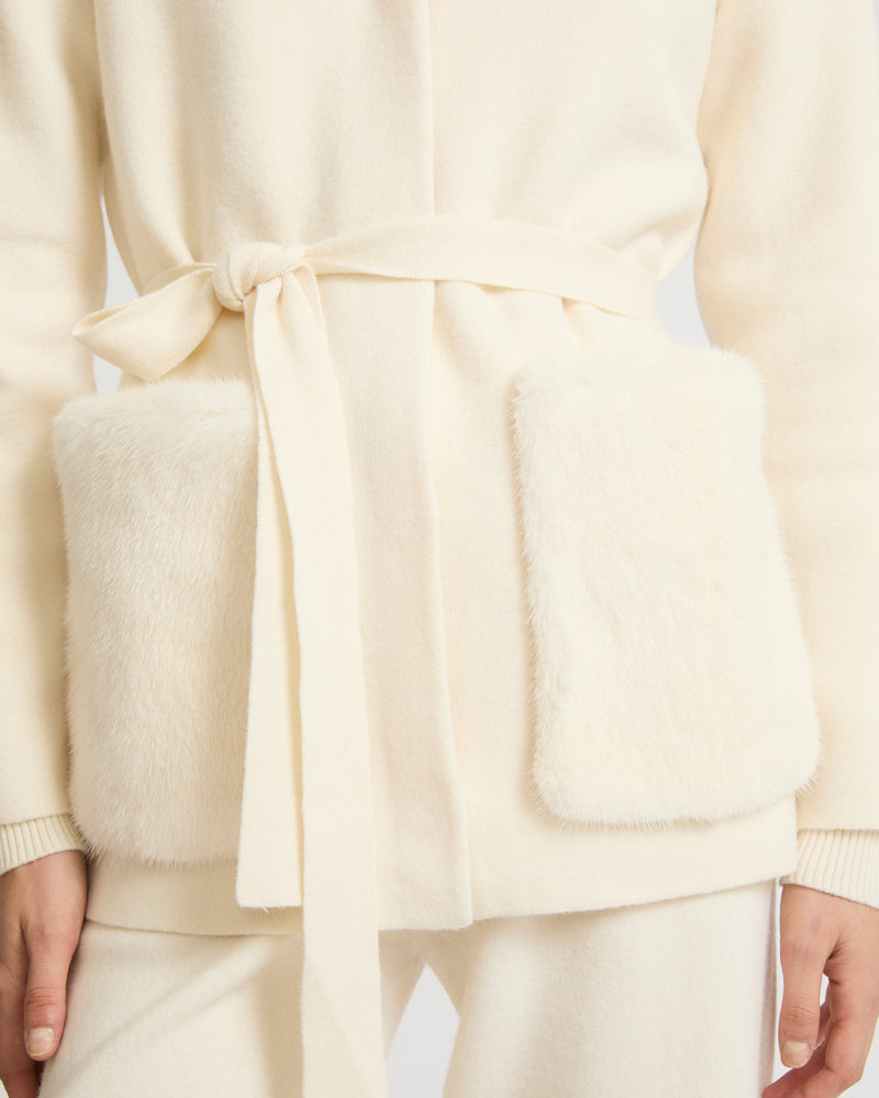 Belted knit and mink jacket - white - Yves Salomon