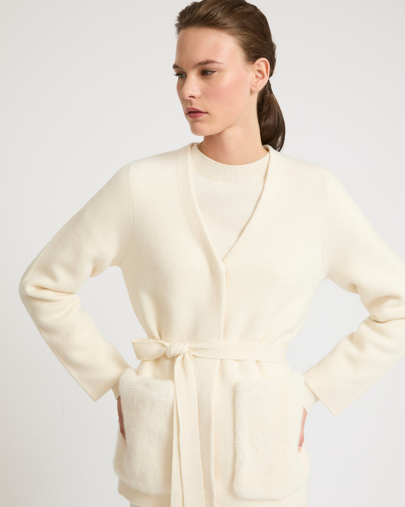 Belted knit and mink jacket - white - Yves Salomon