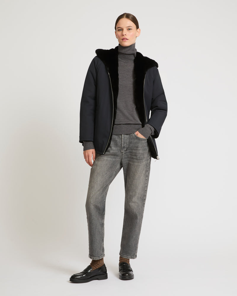 Reversible hooded jacket in rex fur and technical fabric - black - Yves Salomon