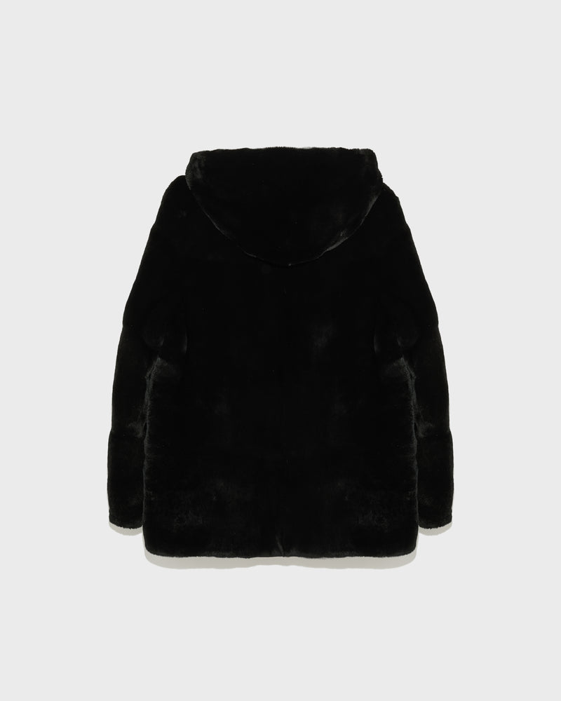 Reversible hooded jacket in rex fur and technical fabric - black - Yves Salomon