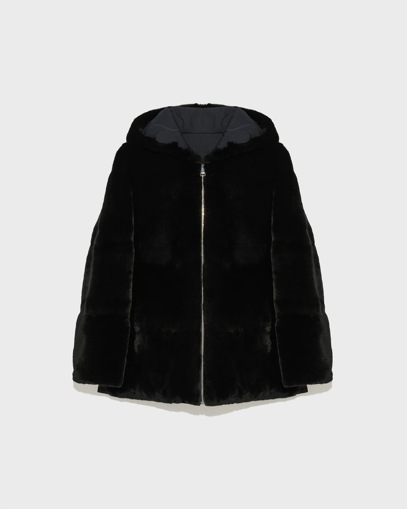 Reversible hooded jacket in rex fur and technical fabric - black - Yves Salomon