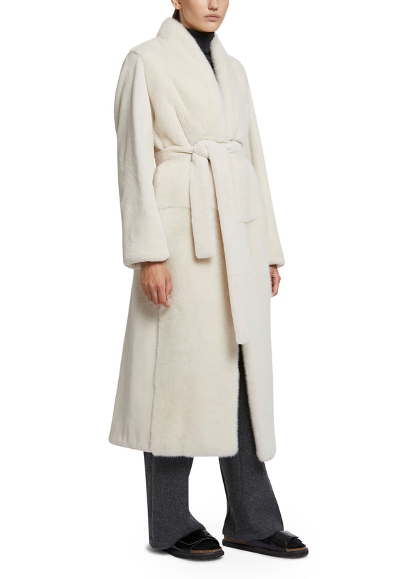 Belted coat in sheared and long-haired mink fur
