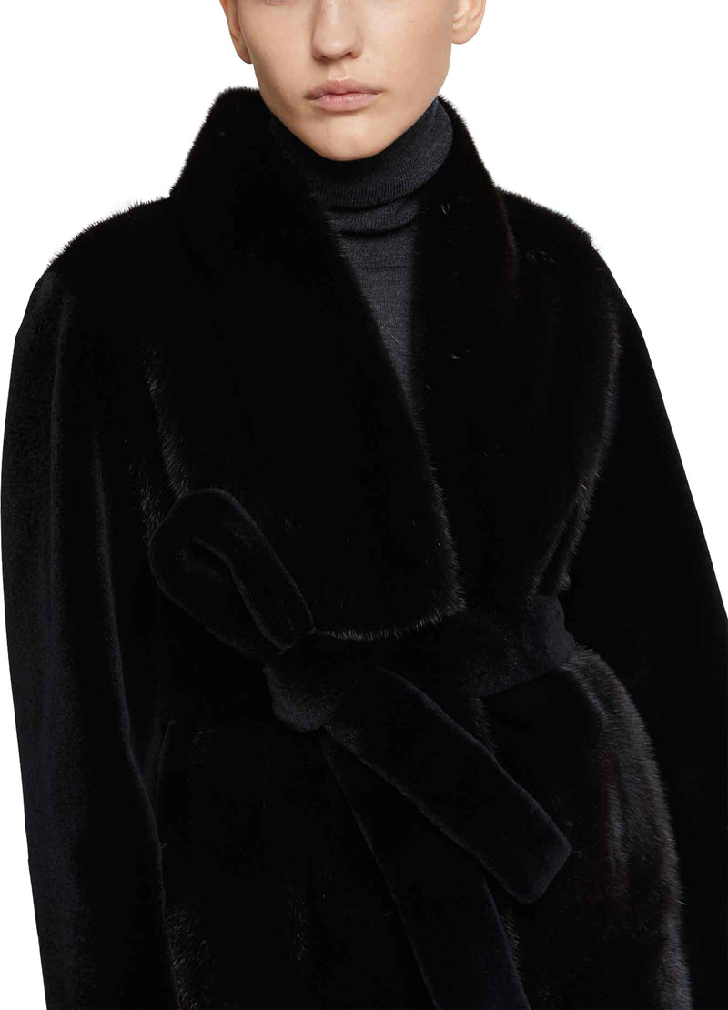 Belted coat in sheared and long-haired mink fur