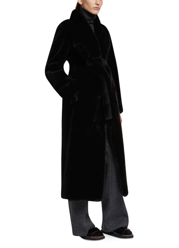 Belted coat in sheared and long-haired mink fur