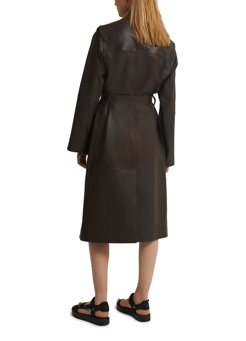 Long belted leather trench coat with detachable sleeves