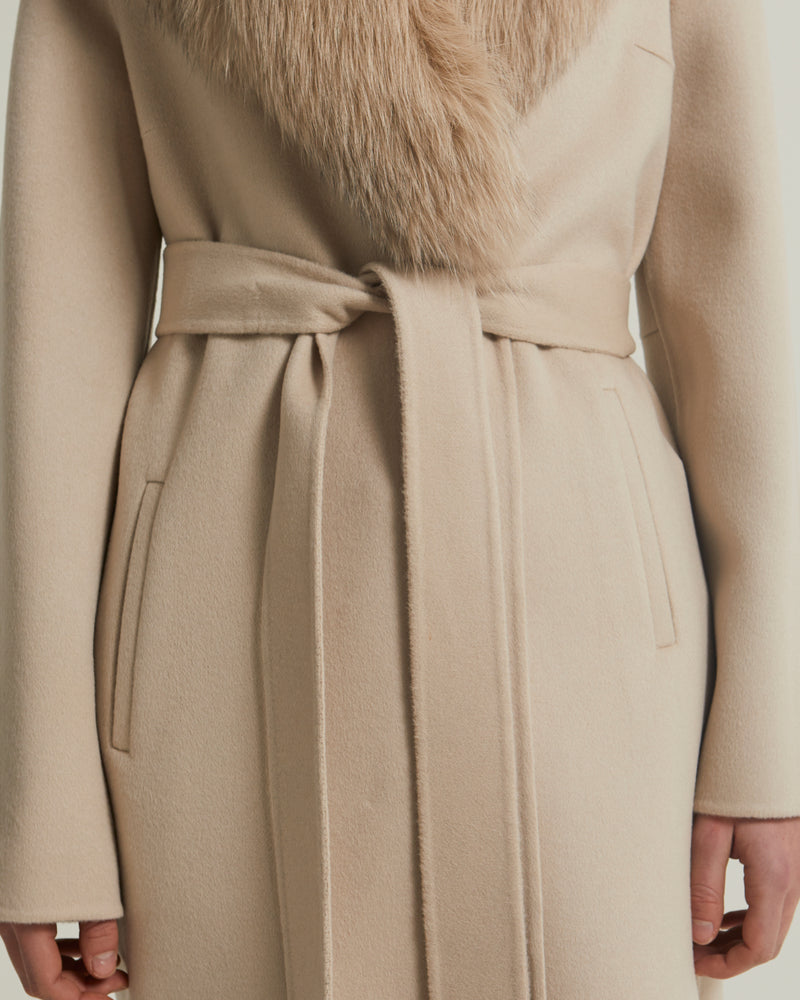 Long cashmere wool coat with fox fur collar