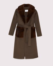 Belted cashmere wool coat with mink fur pockets and collar