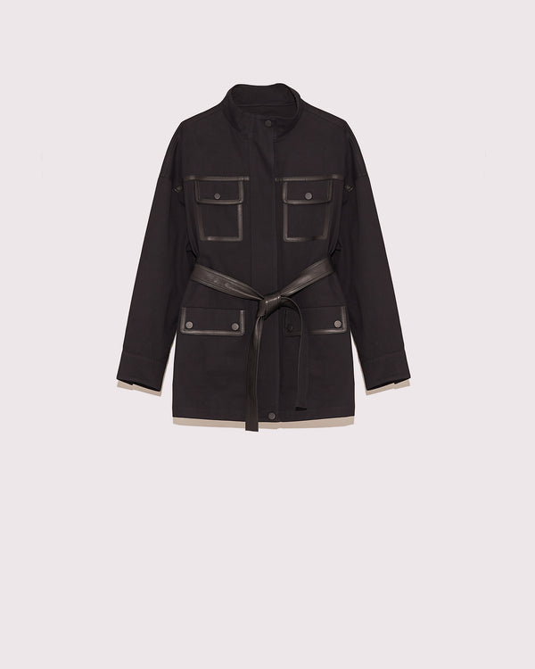 cotton safari jacket with leather details - black