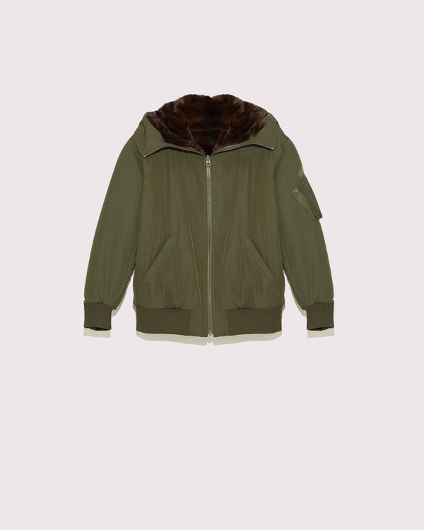 Reversible hooded bomber in technical fabric and mink