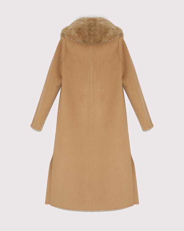 Long cashmere wool coat with fox collar - Camel