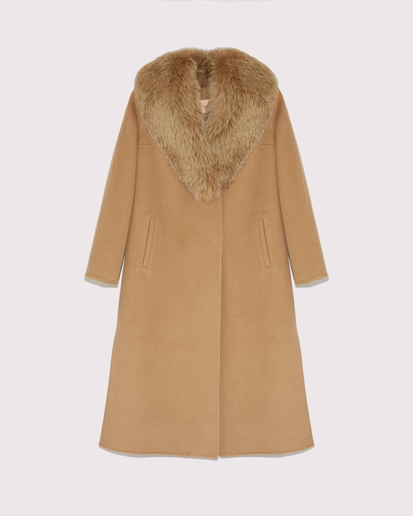 Long cashmere wool coat with fox collar - Camel