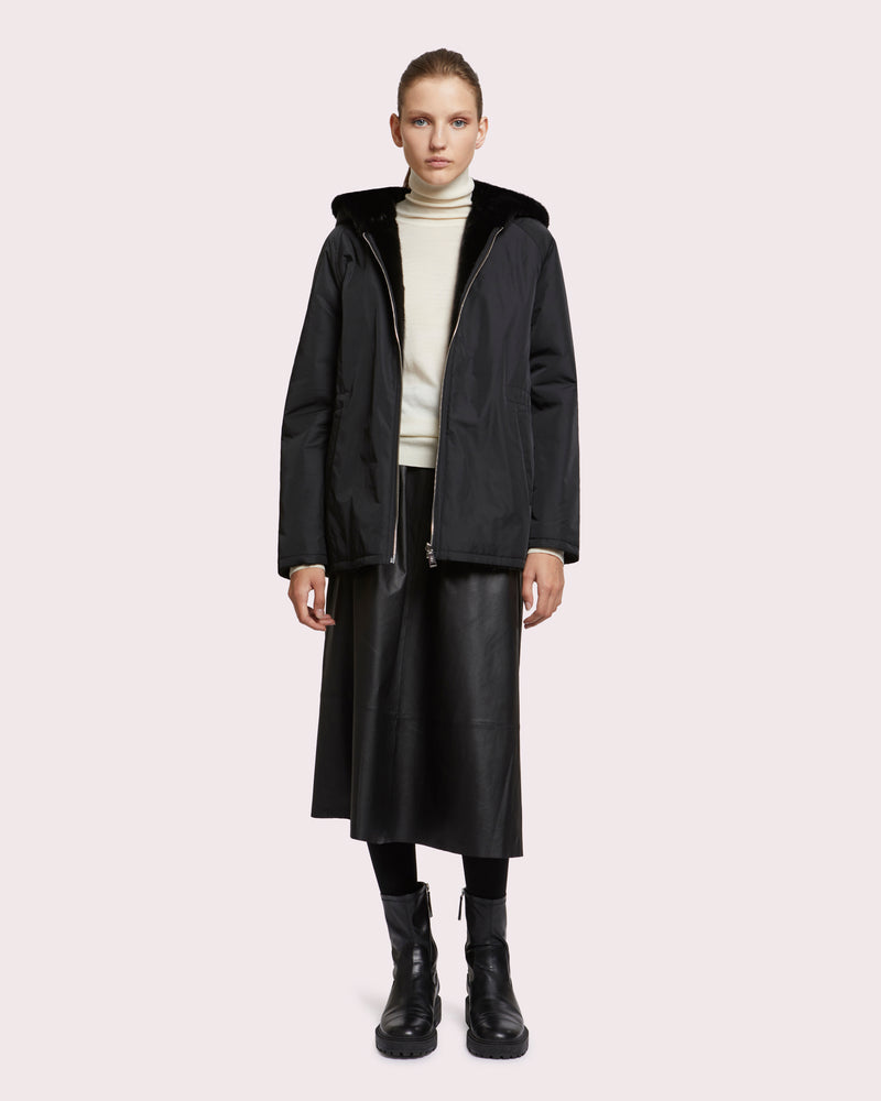 Hooded blouson in mink fur reversible technical fabric