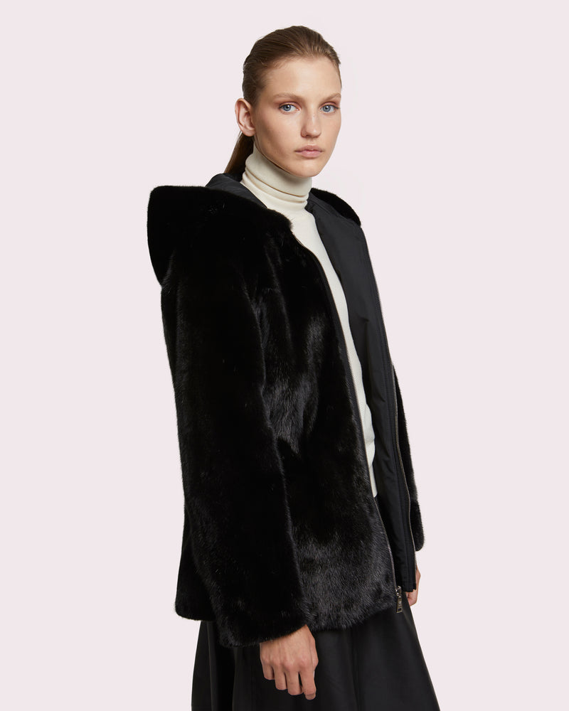 Hooded blouson in mink fur reversible technical fabric